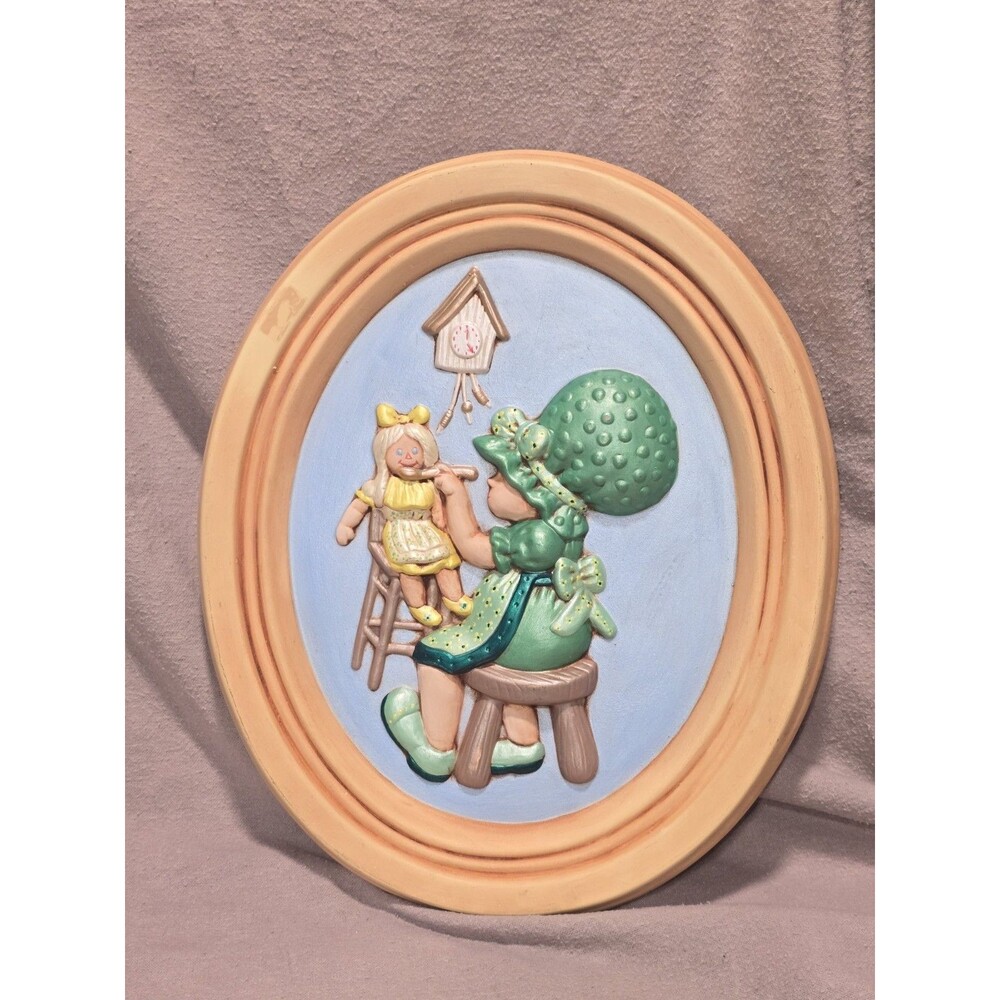 Vintage Vivid Color Holland Mold Wall Decor Bonnet Girl Feeding Baby Doll